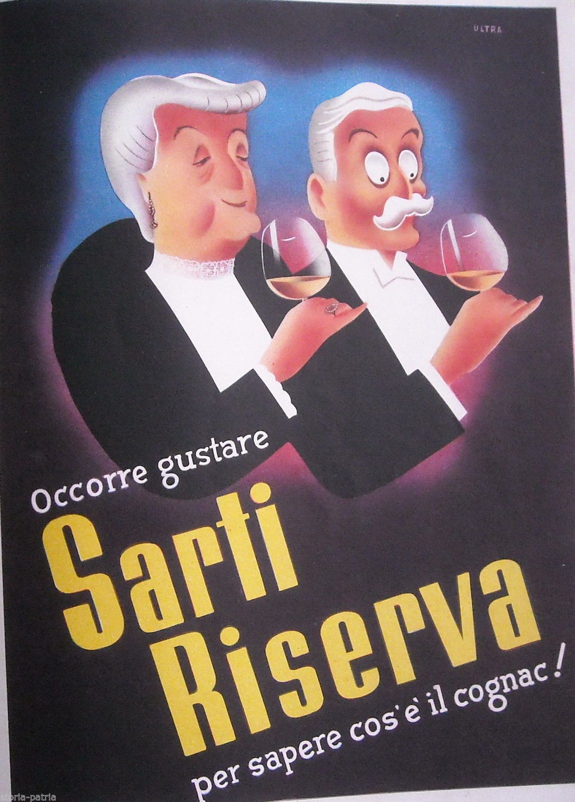 Pubblicità Cognac Sarti Riserva 1947: Illustrazione Vintage Ultra