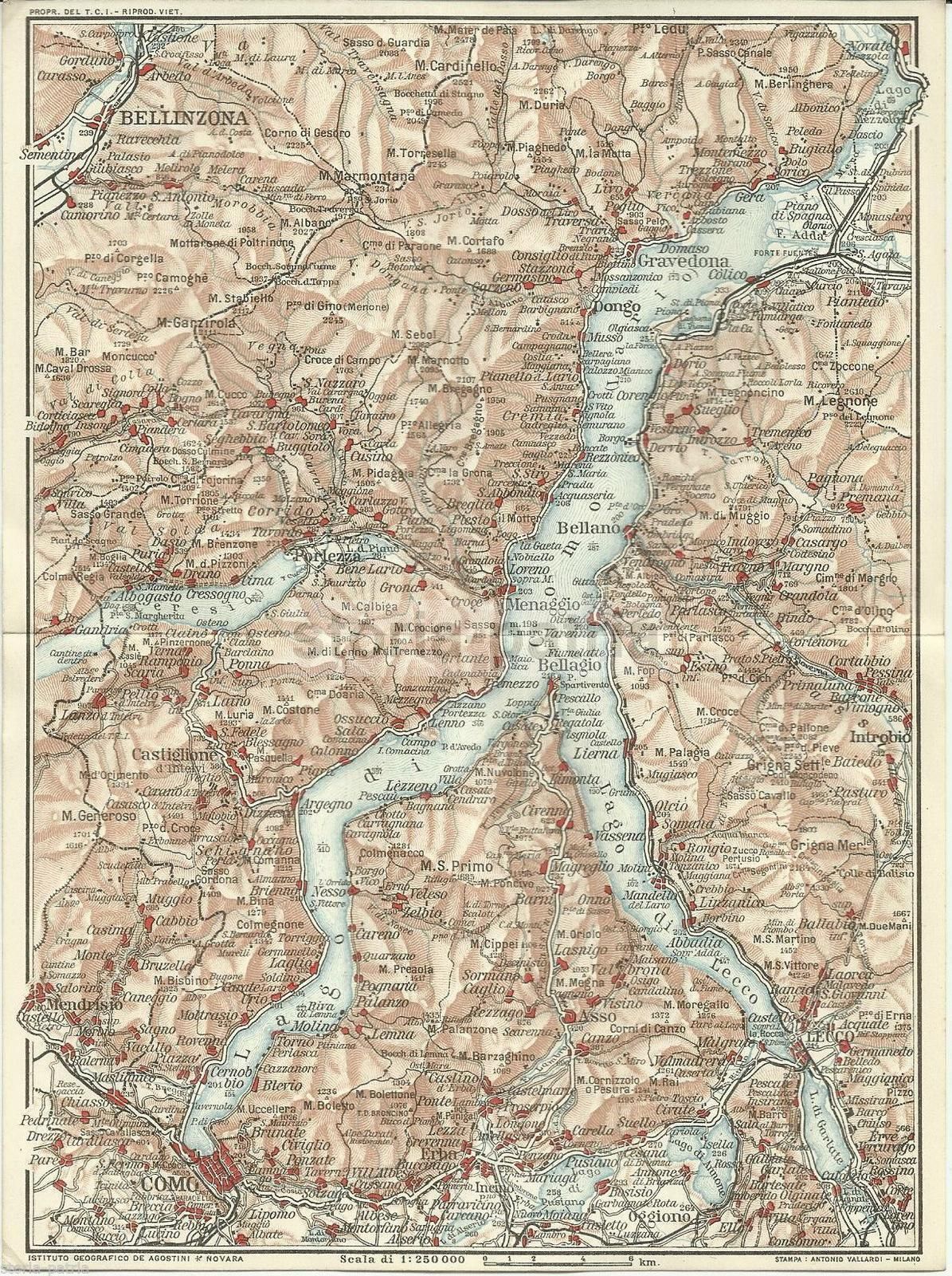Mappa Antica Lago Di Como, Lecco, Bellinzona, Mendrisio   TCI Vallardi