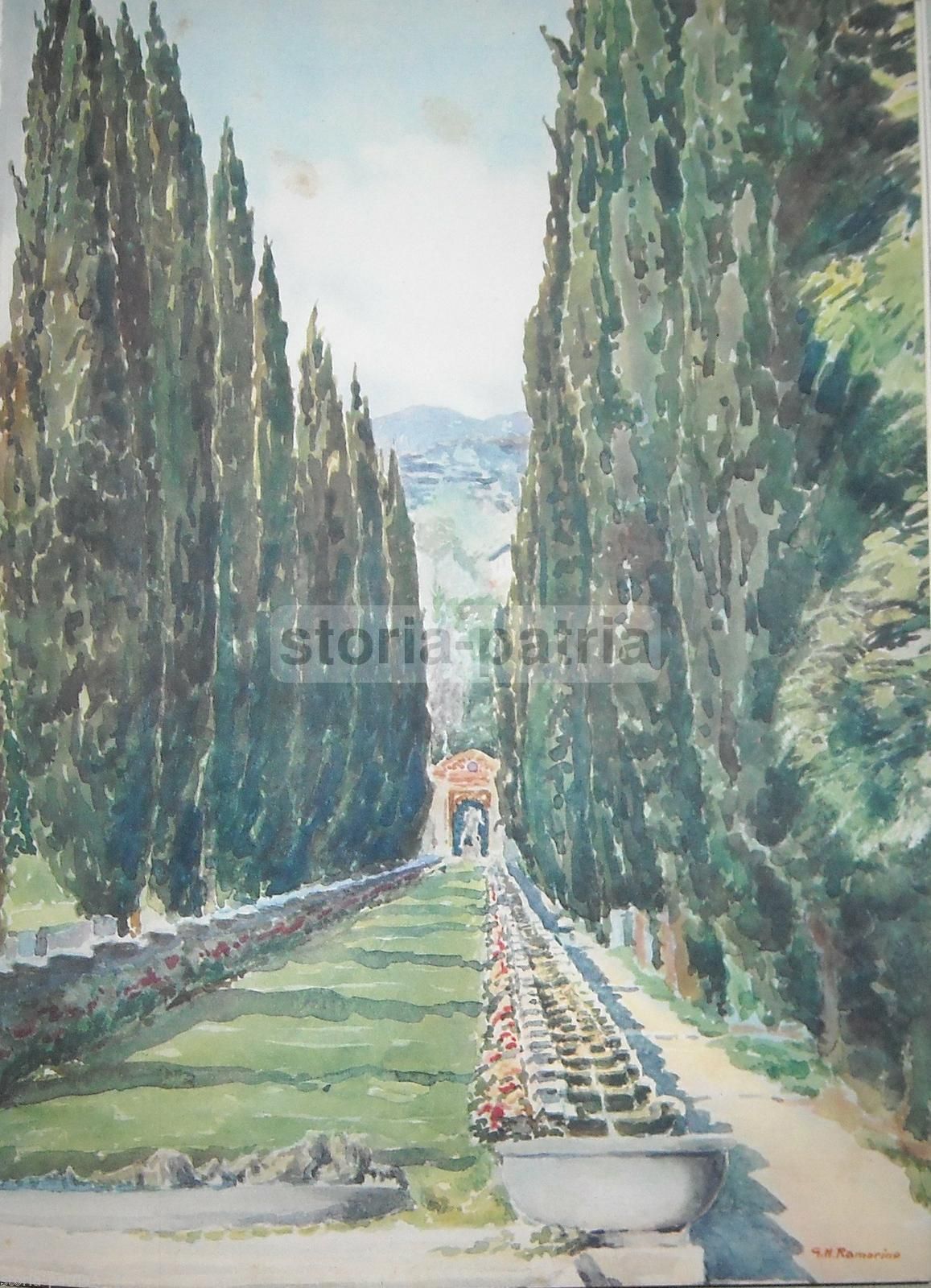 Villa d'Este, Cernobbio: Viale Di Cipressi. Stampa Antica Da Acquarello Di Ramorino, 1929