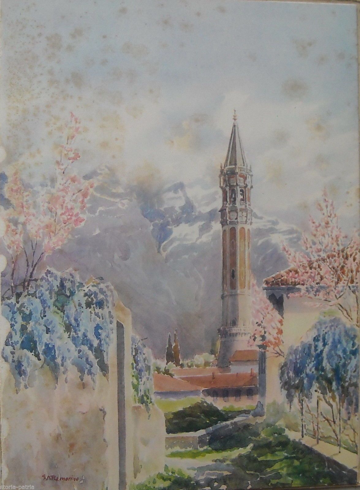 Lecco: Campanile Di San Nicolò E Resegone. Stampa Antica Di Ramorino