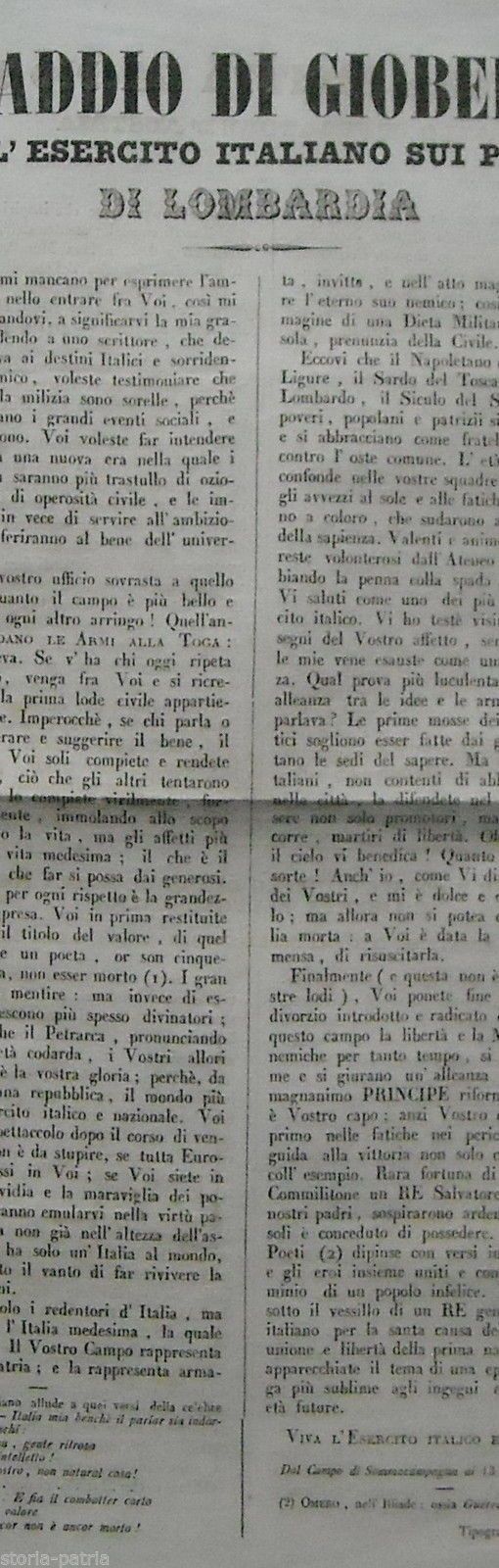 Manifesto Di Vincenzo Gioberti All'Esercito Italiano In Lombardia, 1848