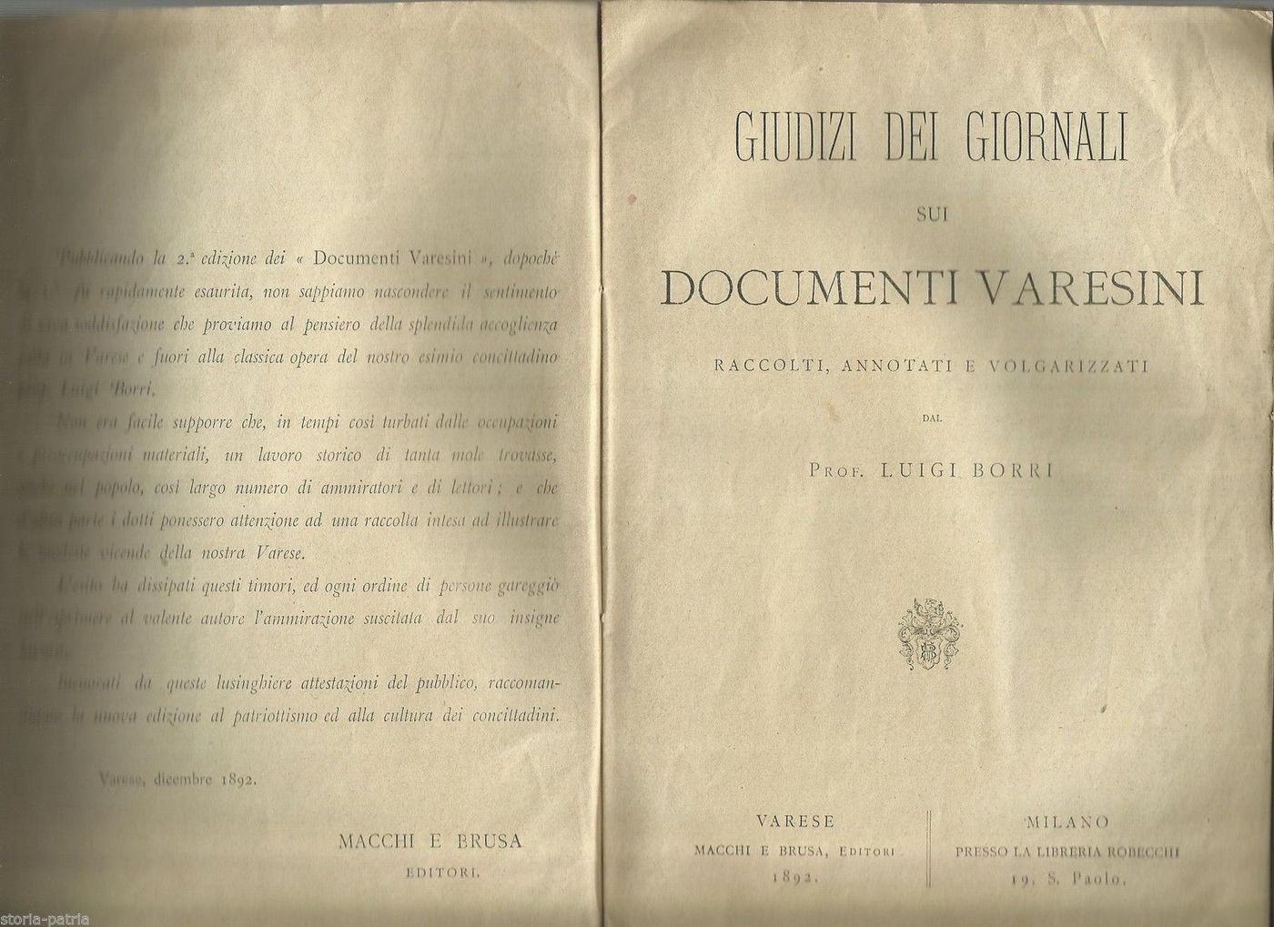 Giudizi Dei Giornali Sui Documenti Varesini Di Luigi Borri (1892)