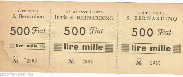 Biglietto Lotteria S. Bernardino 1970 Napoli Fiat 500 Con Matrice