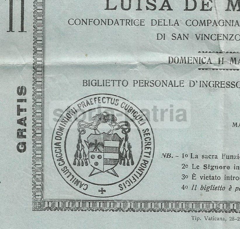 Biglietto Canonizzazione Luisa De Marillac 1934 Basilica Vaticana