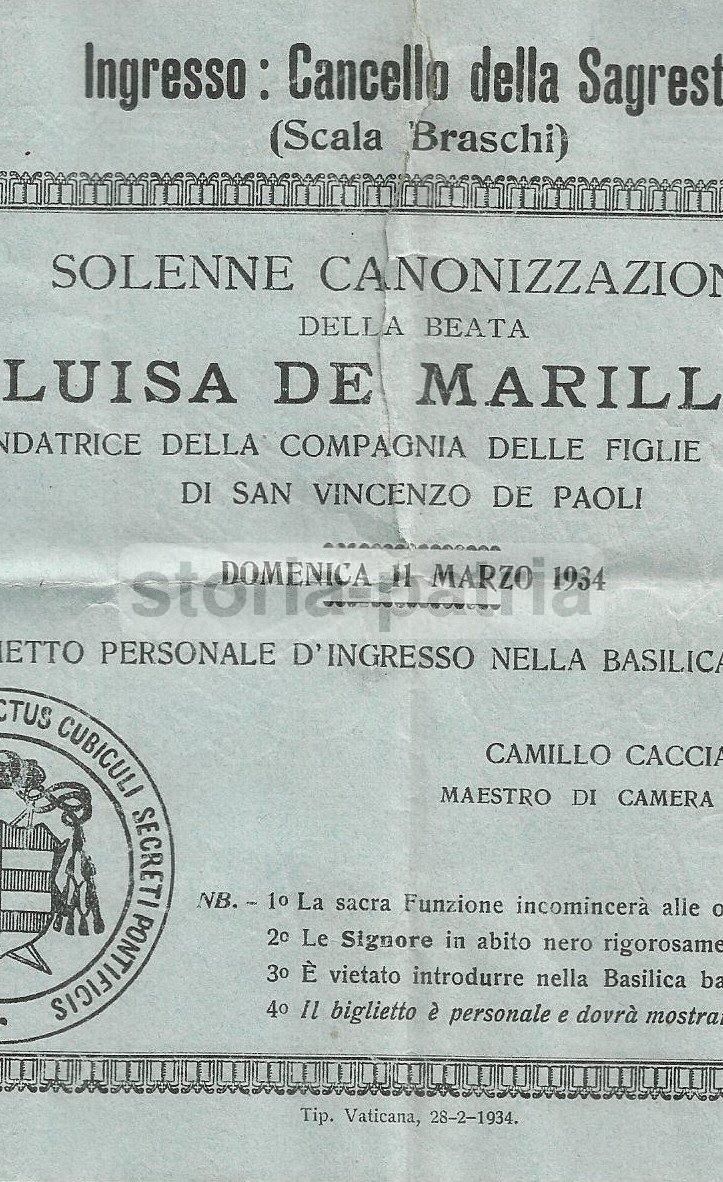 Biglietto Canonizzazione Luisa De Marillac 1934 Basilica Vaticana