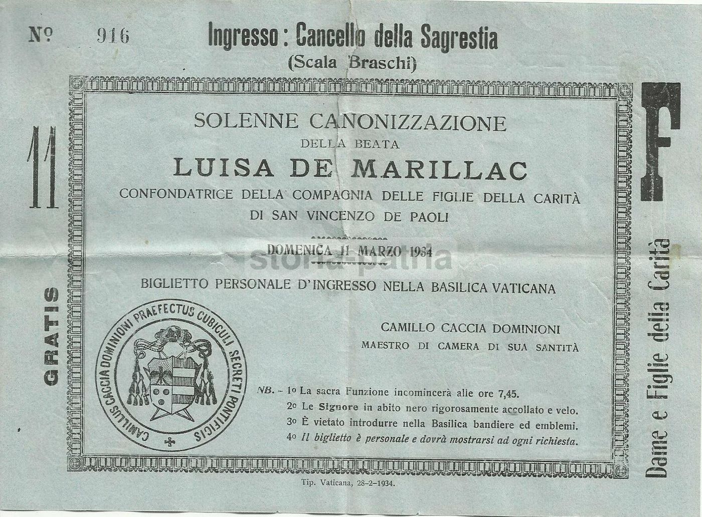 Biglietto Canonizzazione Luisa De Marillac 1934 Basilica Vaticana