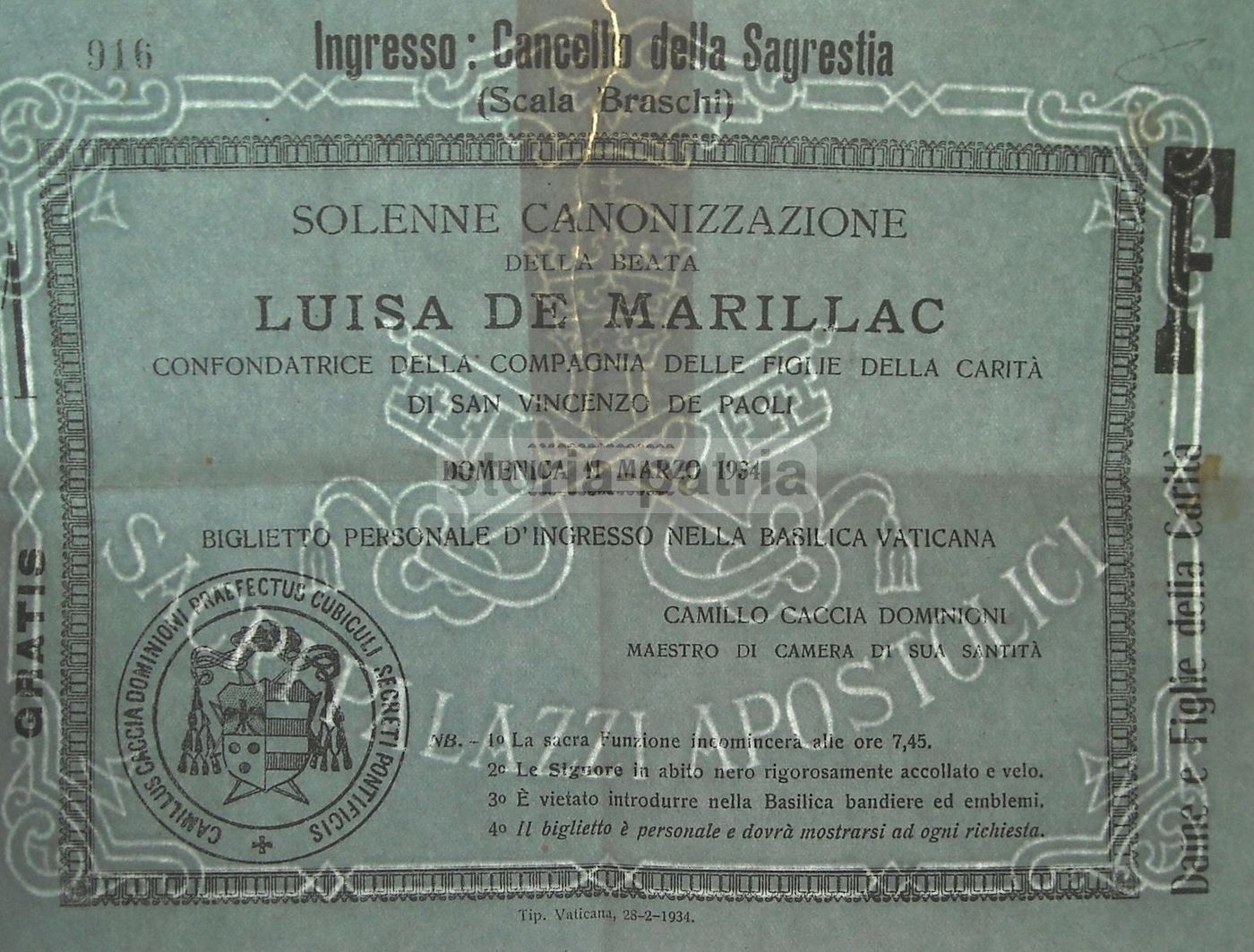 Biglietto Canonizzazione Luisa De Marillac 1934 Basilica Vaticana