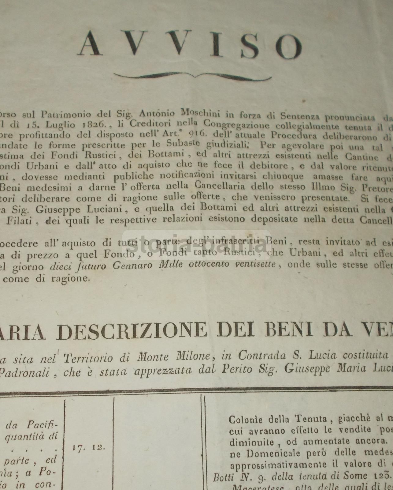 Avviso Di Vendita Giudiziale Antonio Moschini, Macerata, 1826