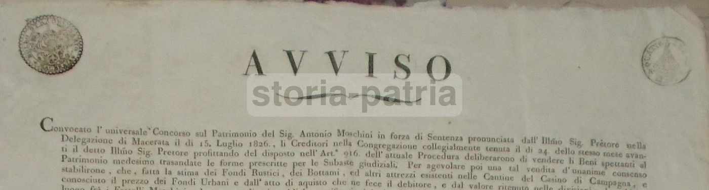Avviso Di Vendita Giudiziale Antonio Moschini, Macerata, 1826