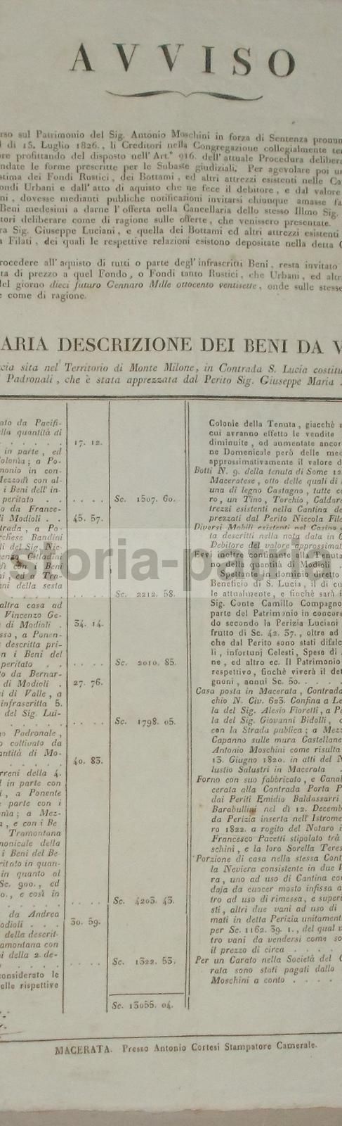 Avviso Di Vendita Giudiziale Antonio Moschini, Macerata, 1826