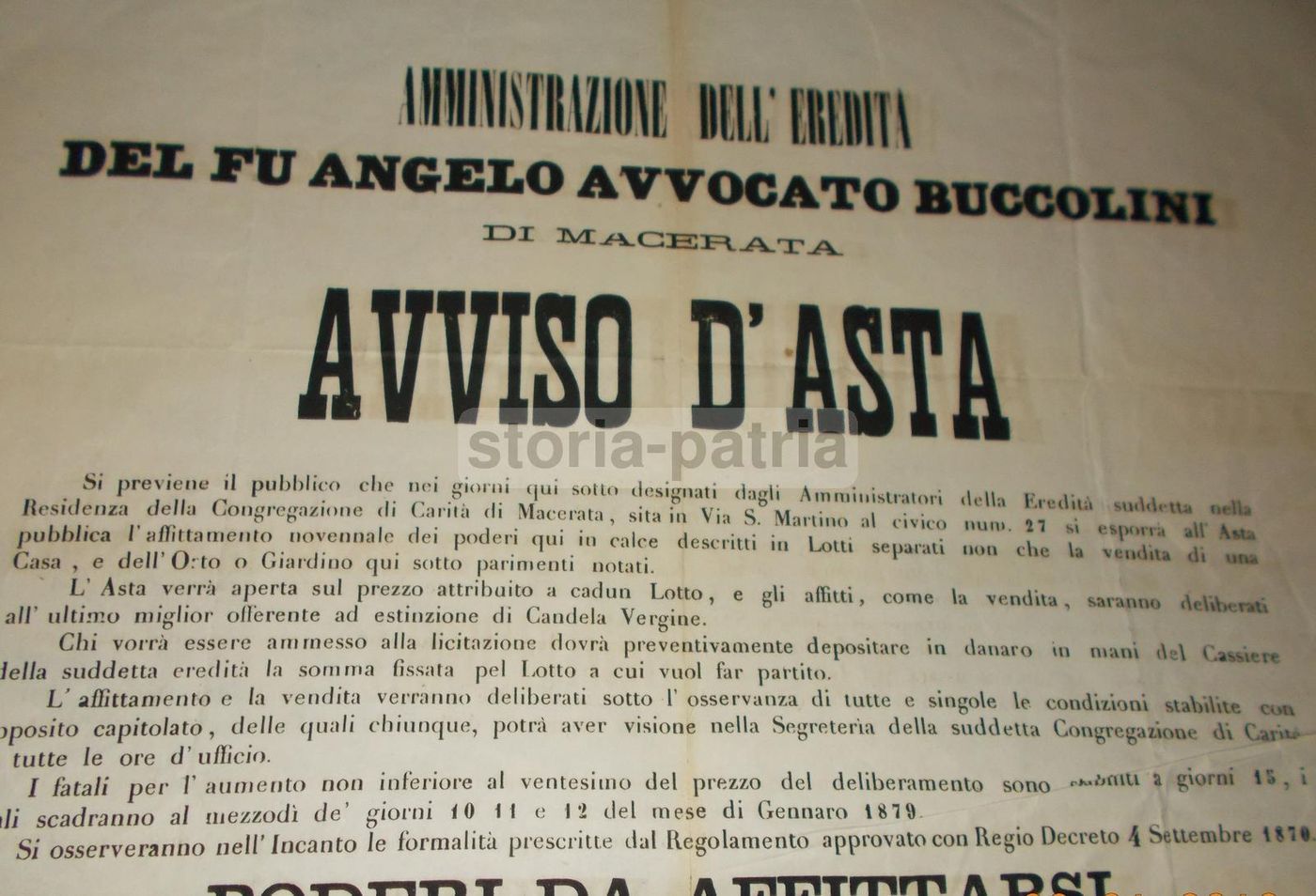 Manifesto Asta Eredità Buccolini, Macerata 1878