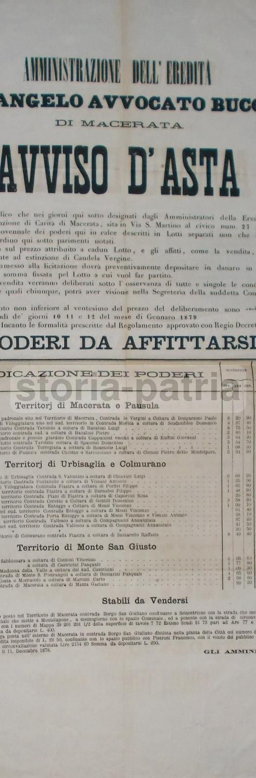 Manifesto Asta Eredità Buccolini, Macerata 1878