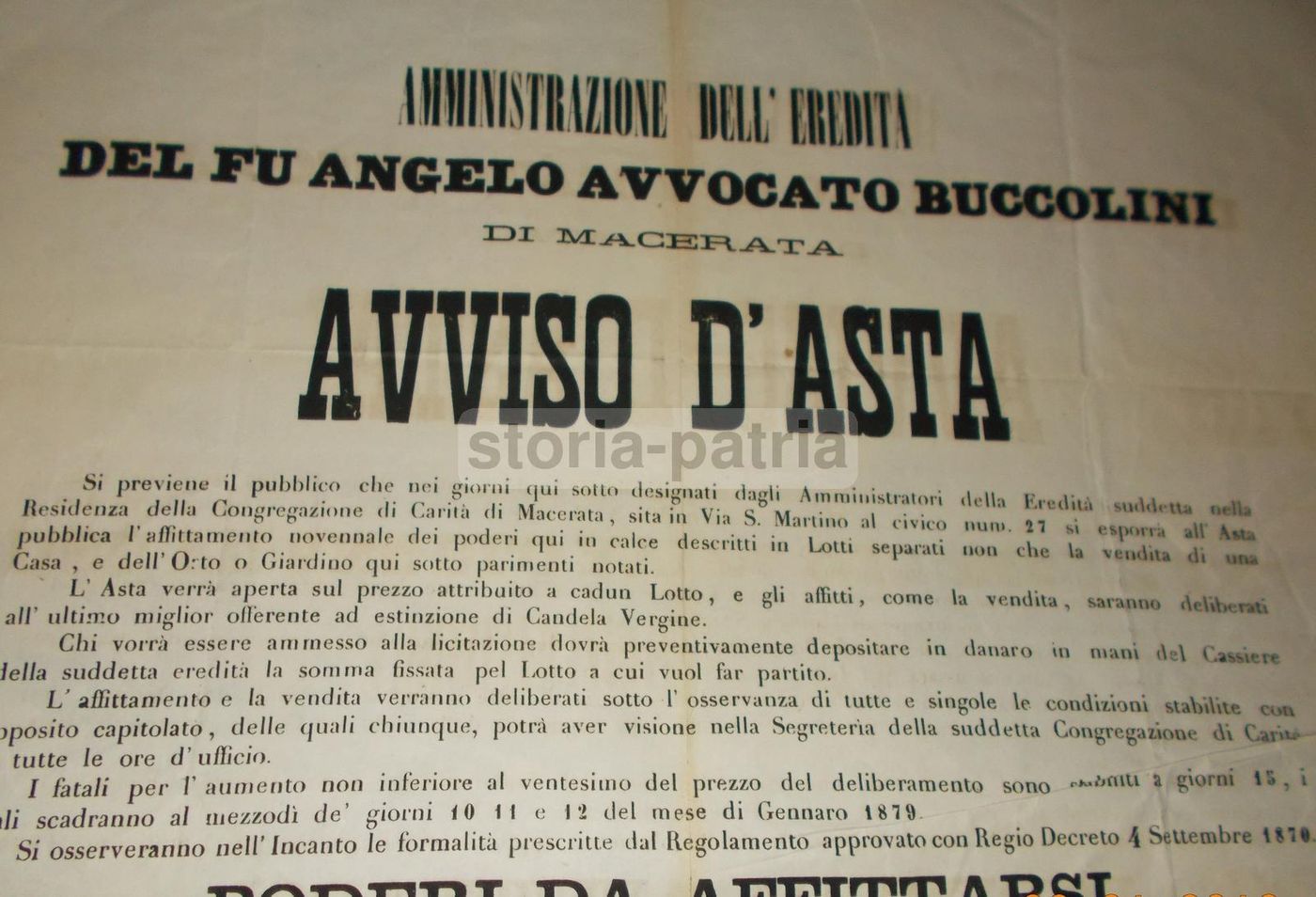 Manifesto Asta Eredità Buccolini, Macerata 1878