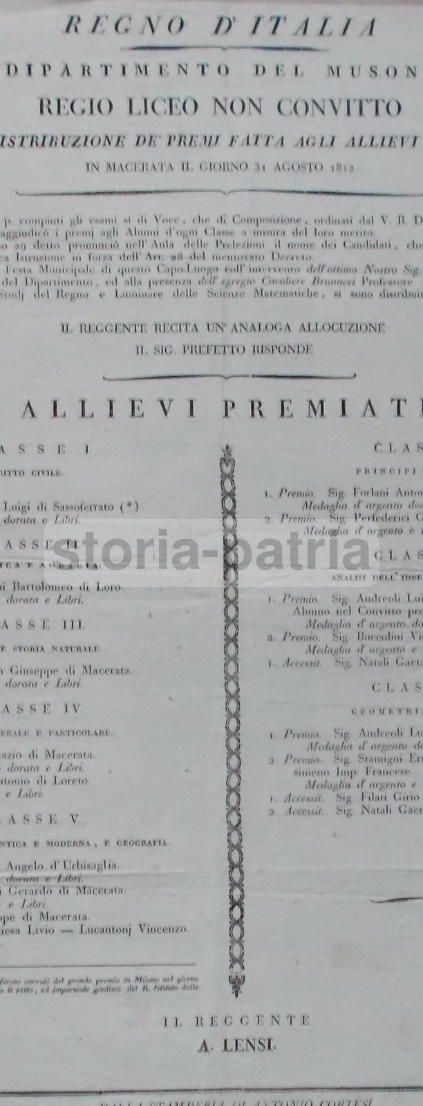 Foglio Volante Liceo Macerata 1812 Allievi Premiati Lensi Musone