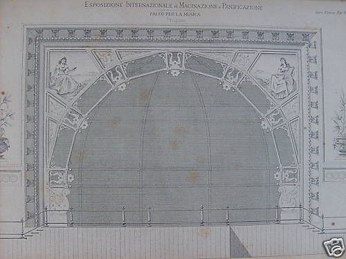 Stampa Litografica Prospetto Palco Per La Musica   Esposizione Di Panificazione XIX Secolo