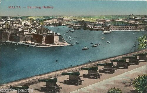 Malta, Saluting Battery: Cartolina d'Epoca Con Cannoni, Porto E Fortezza, 1917