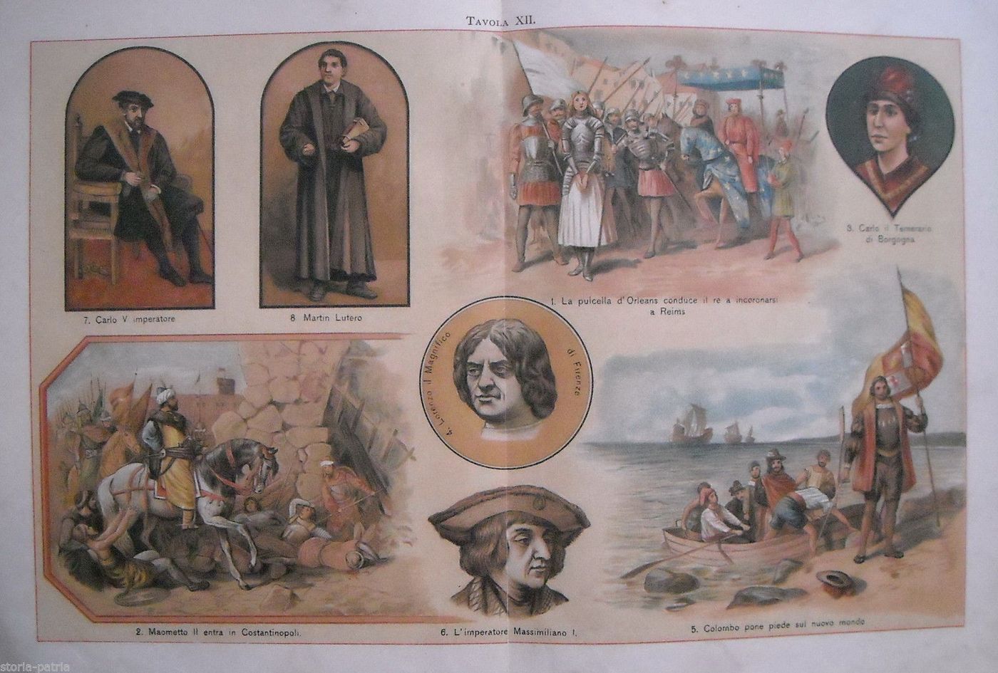 Stampa Antica: Storia Illustrata Con Maometto II, Carlo V, Lutero E Colombo
