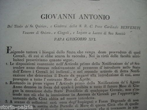 Notificazione Cardinale Benvenuti, Ancona 1831, Dazio Cereali