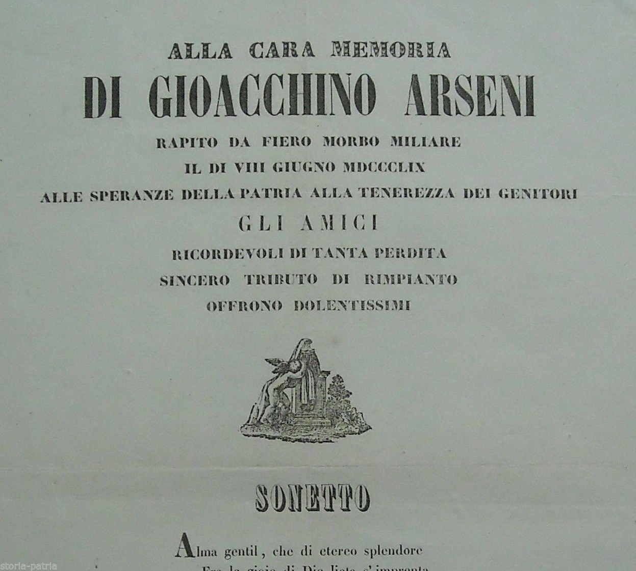 Necrologio Gioacchino Arseni 1859: Foglio Volante, Pergola (Marche)
