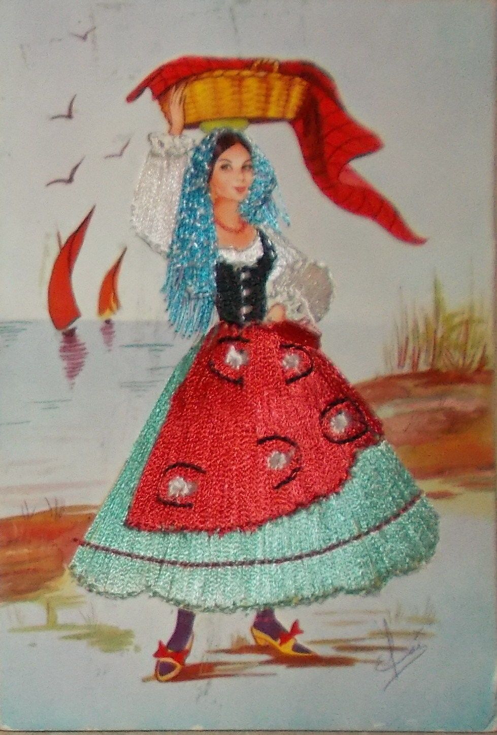 Cartolina Ricamata Costume Tradizionale Marche Mare Adriatico