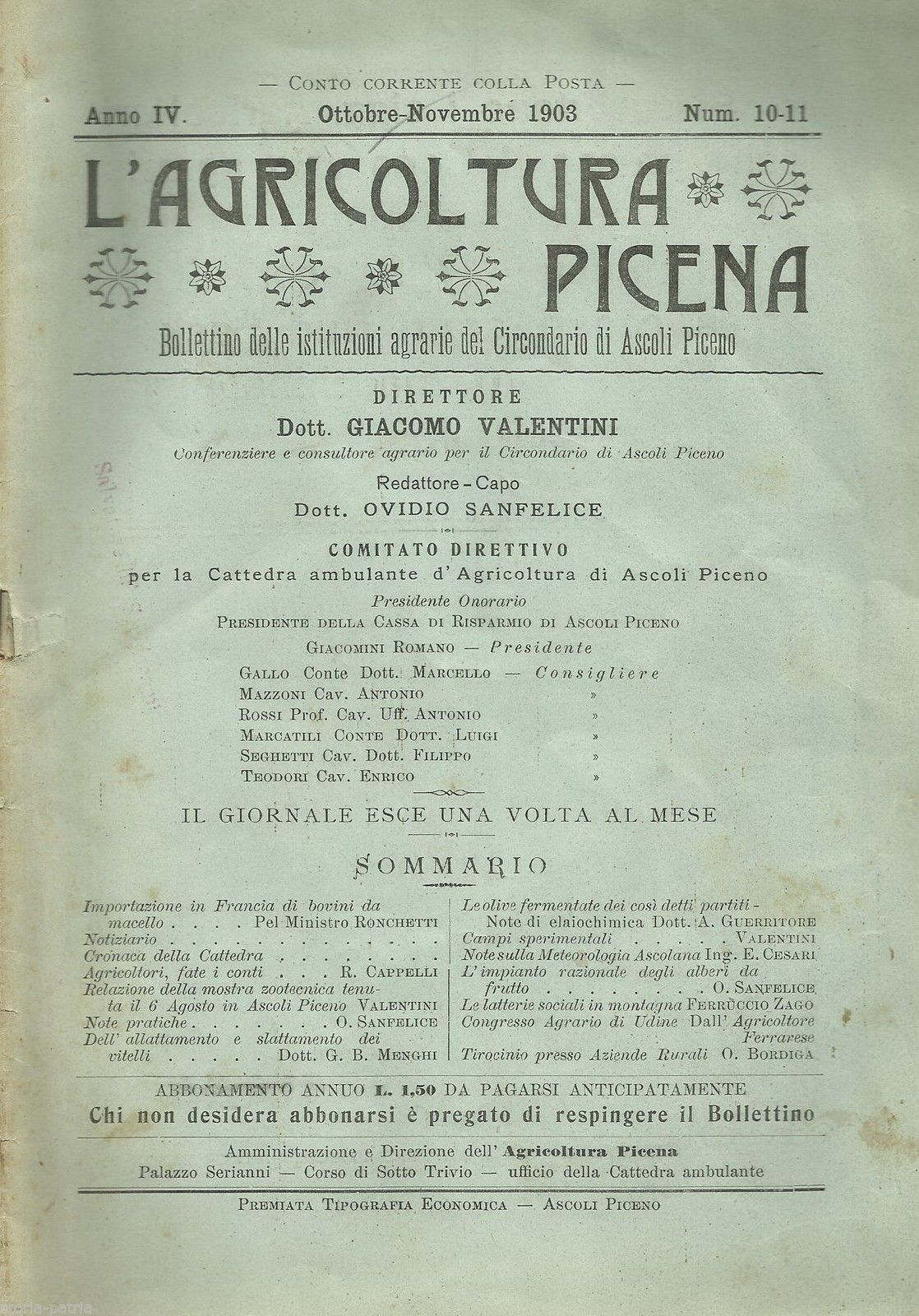 Agricoltura Picena 1903 Bollettino Agrario Ascoli Piceno Zootecnia