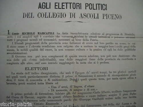 Manifesto Elettorale Conte Marcatili Ascoli Piceno 1884 Risorgimento