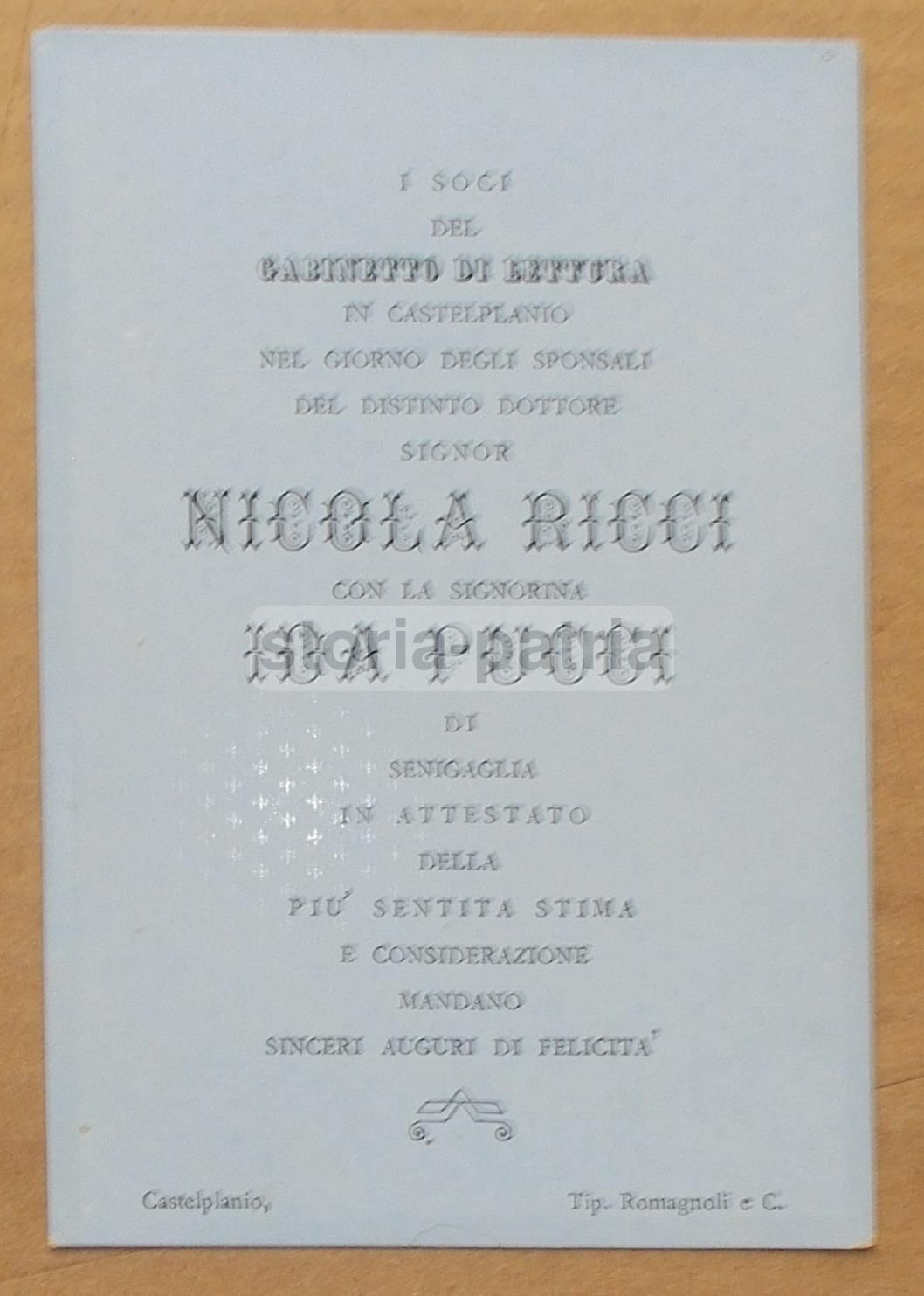 Biglietto Nozze Ricci Pucci, Castelplanio E Senigallia, Seconda Metà Dell'Ottocento