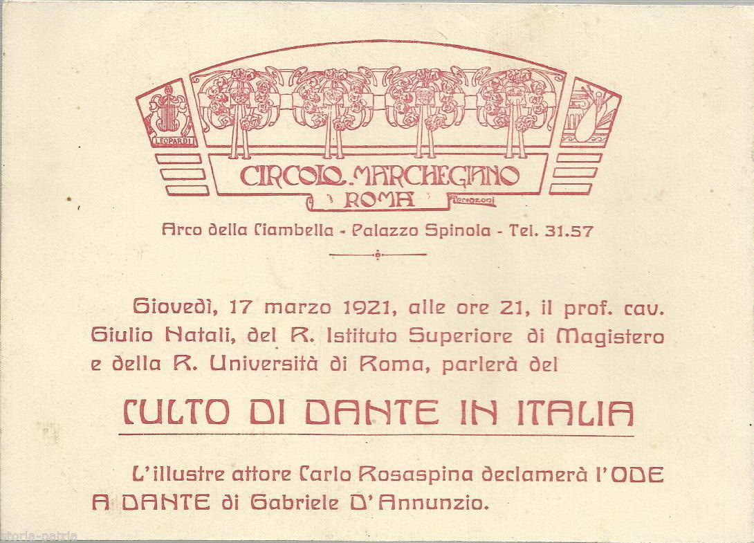 Biglietto d'Invito Conferenza Dante, Natali E D'Annunzio, Roma 1921