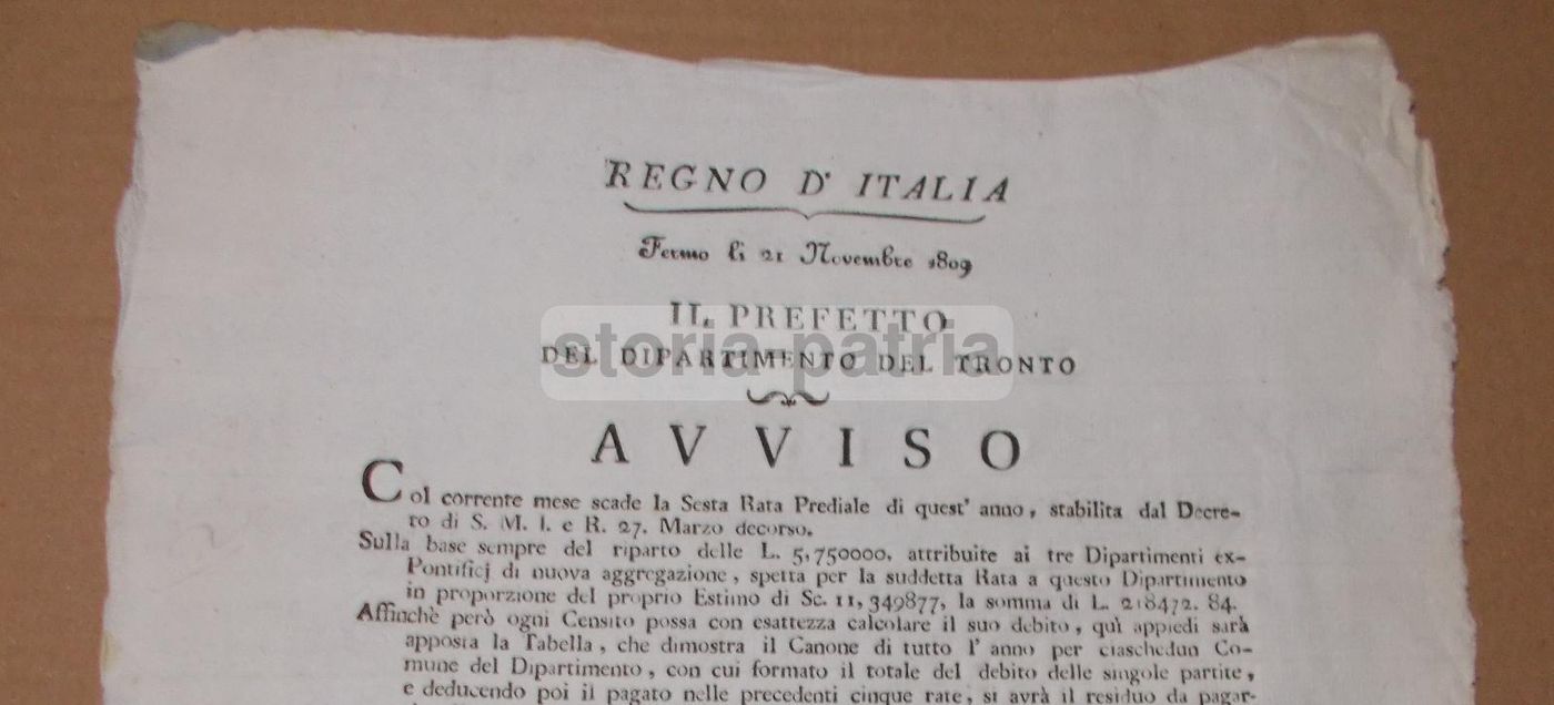 Avviso Prefettizio Dipartimento Del Tronto 1809, Regno d'Italia