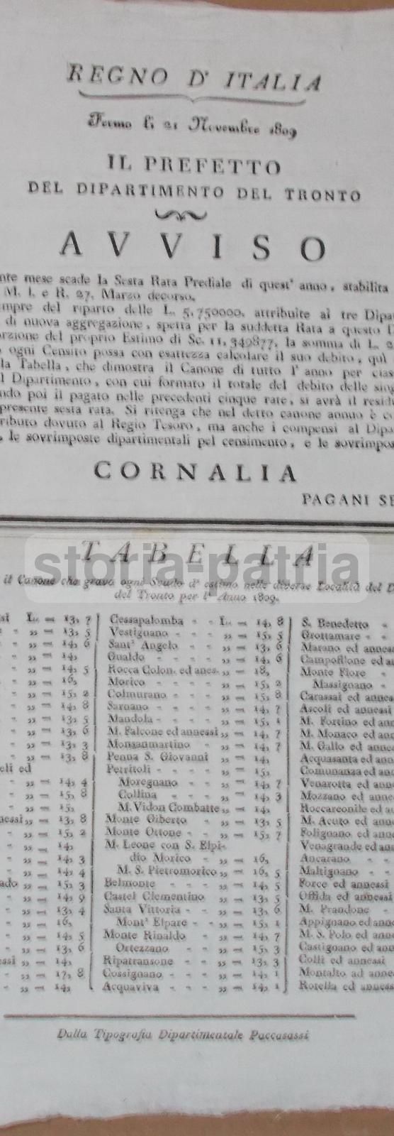 Avviso Prefettizio Dipartimento Del Tronto 1809, Regno d'Italia