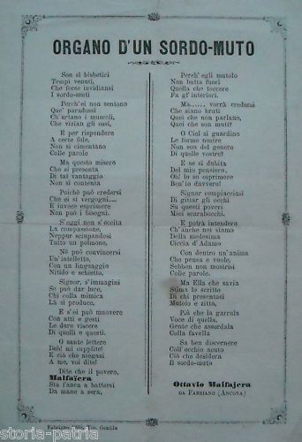 Antica Stampa Fabriano 1880 Organo Sordomuto, Ottavio Malfajera