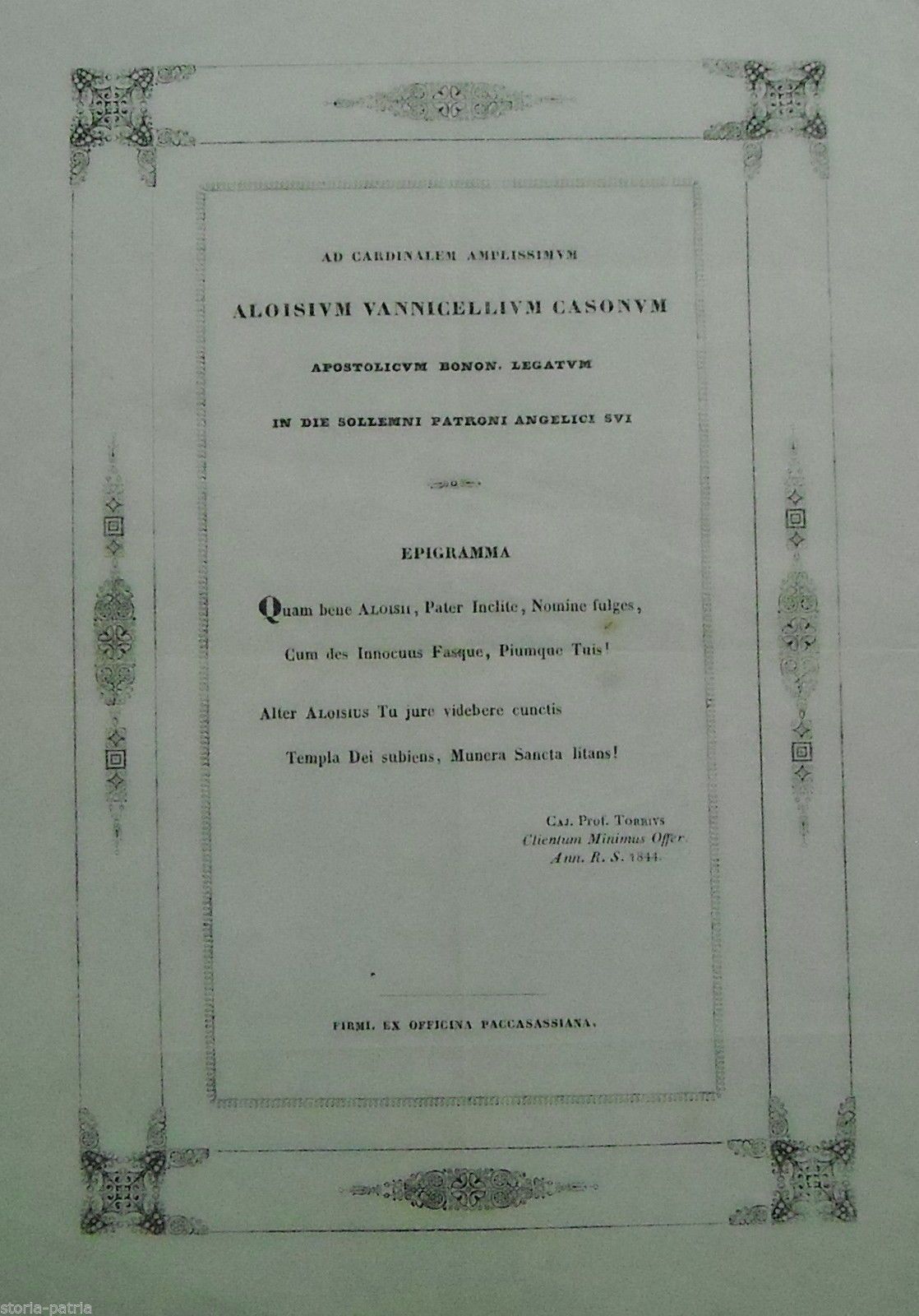 Epigramma Per Il Cardinale Vannicelli Casoni, 1844, Fermo, Foglio Volante