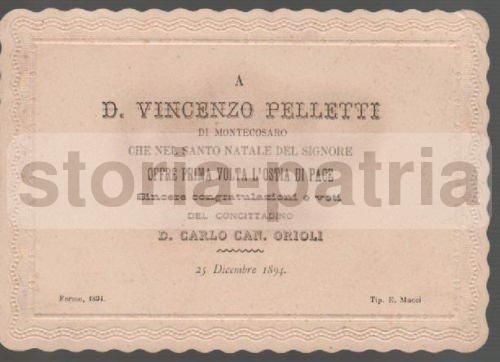 Biglietto Augurale Prima Messa Don Vincenzo Pelletti, 1894, Montecosaro