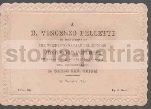 Biglietto Augurale Prima Messa Don Vincenzo Pelletti, 1894, Montecosaro