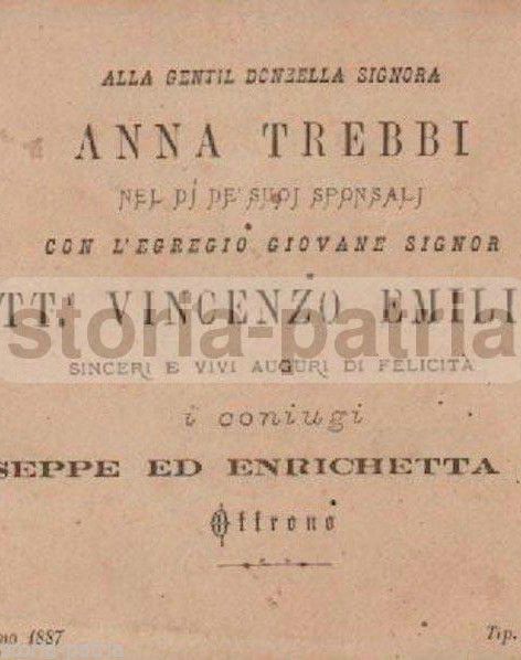 Cartoncino Augurale Nozze Trebbi Emiliani 1887 Fermo Marche