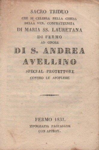 Sacro Triduo In Onore Di S. Andrea Avellino, Fermo, 1833