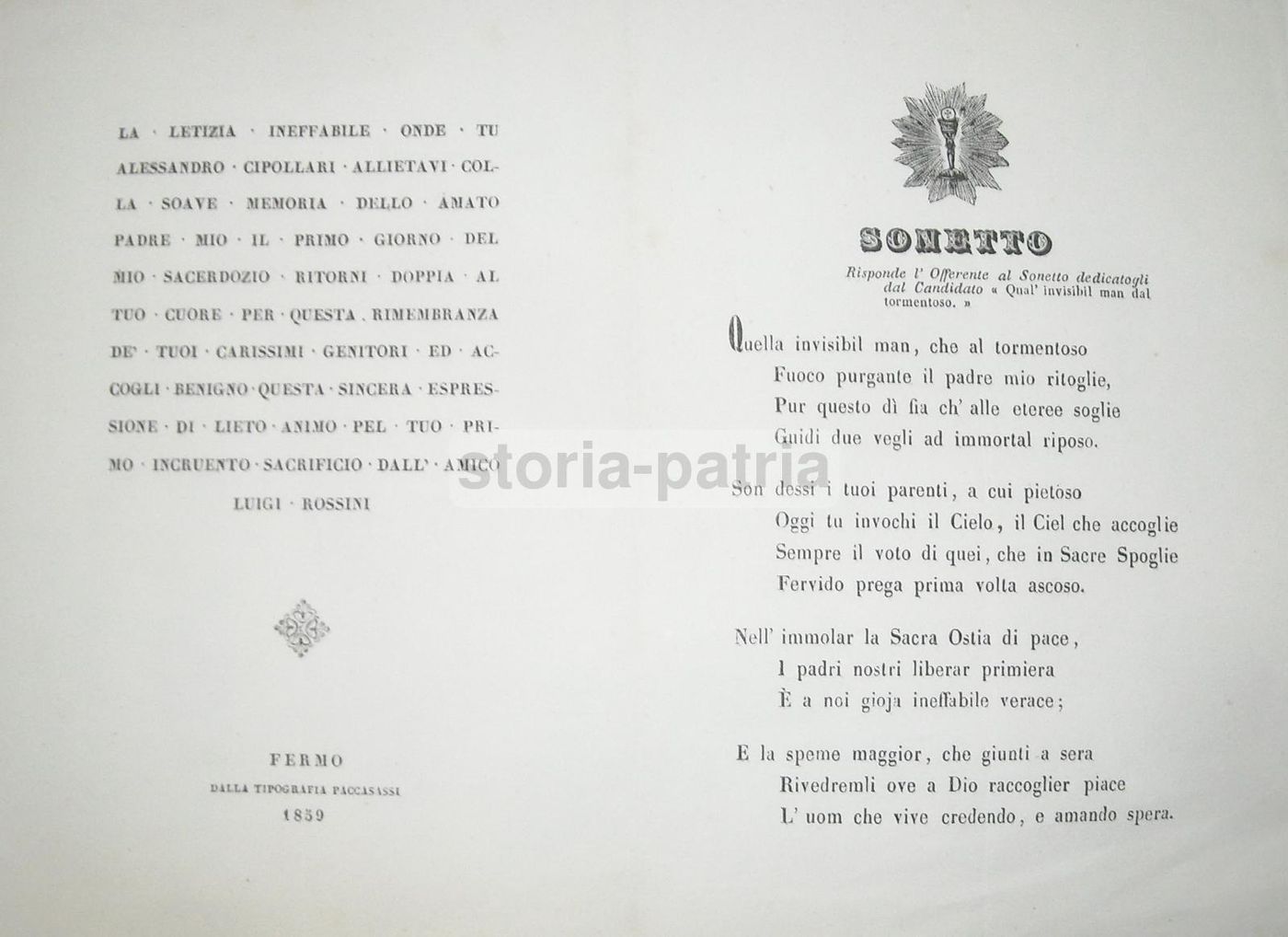 Sonetto Di Luigi Rossini Per Il Sacerdozio Di Alessandro Cipollari, Fermo 1859