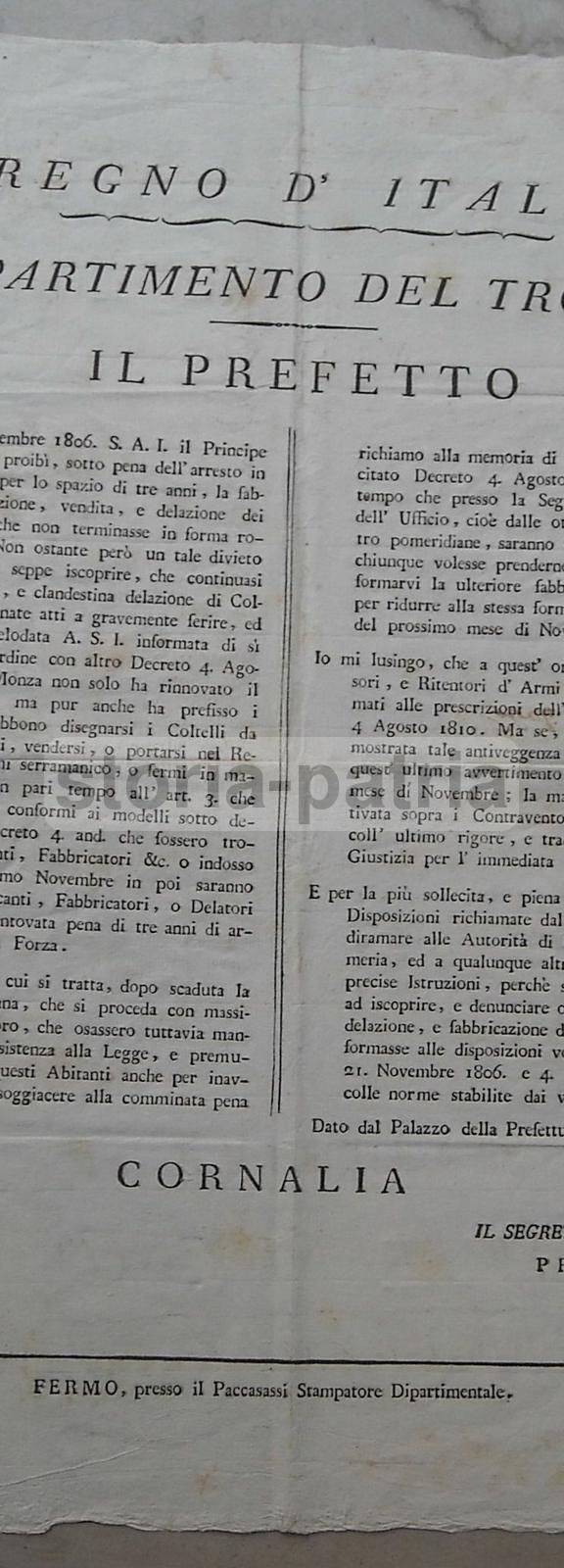 Editto Del Prefetto Cornalia, 1810: Regolamentazione Dei Coltelli Proibiti Nel Dipartimento Del Tronto