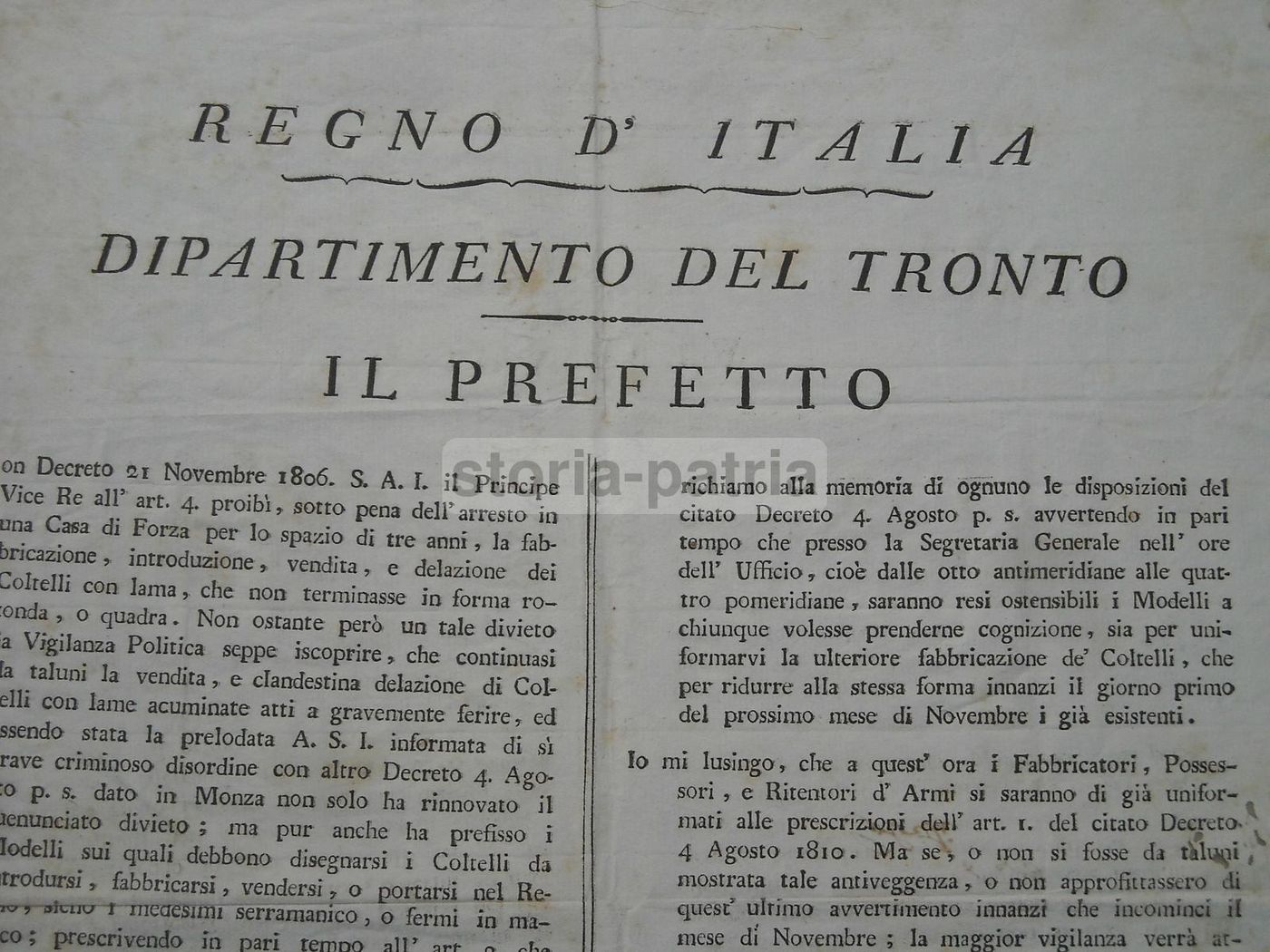 Editto Del Prefetto Cornalia, 1810: Regolamentazione Dei Coltelli Proibiti Nel Dipartimento Del Tronto