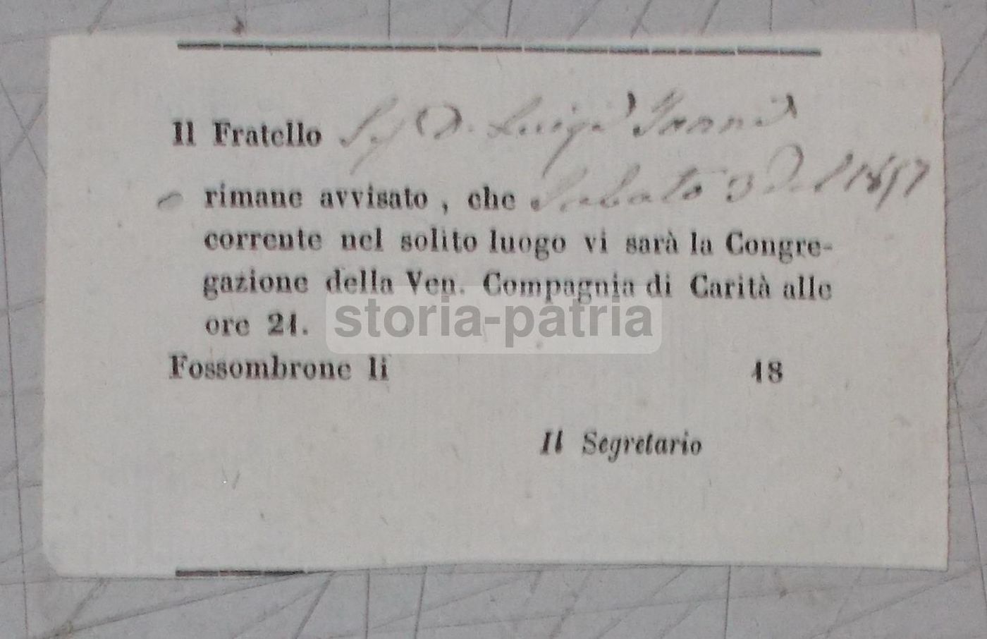 Fossombrone: Convocazione Della Compagnia Di Carità, 1857. Marche, Documento Antico