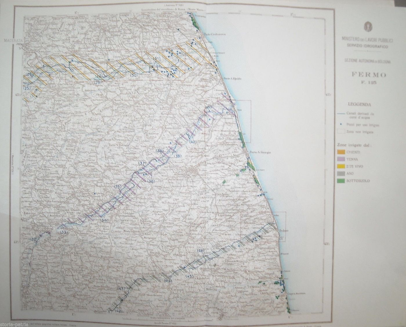 Mappa Idrografica Storica Fermo, Marche: Fiumi, Canali E Pozzi, 1940 Circa