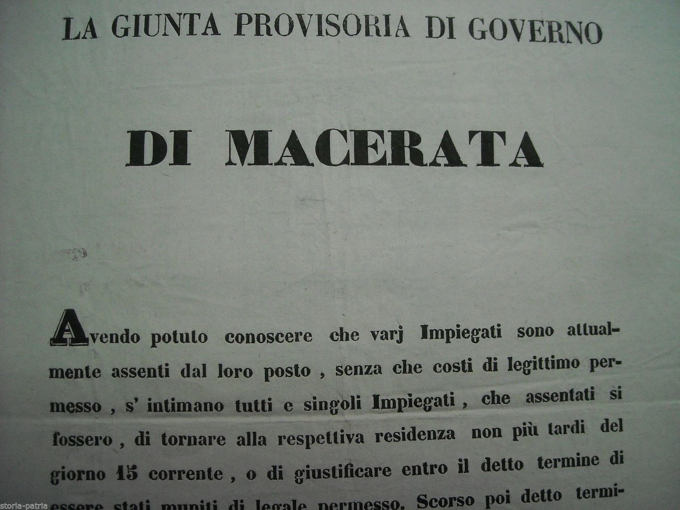 Manifesto Assenteismo Impiegati Macerata 1849 Giunta Provvisoria