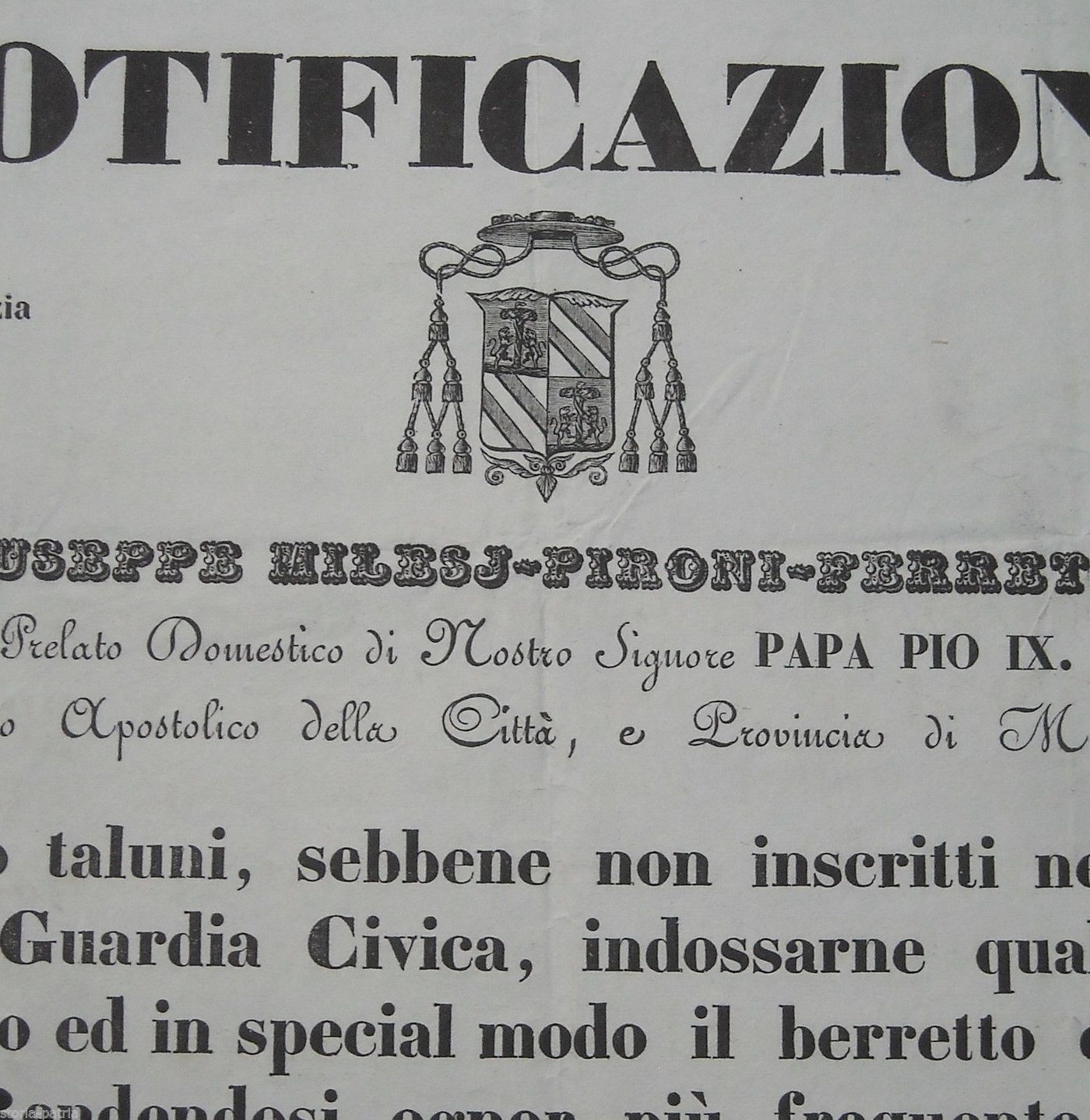 Notificazione Guardia Civica Macerata 1848 Pio IX Milesj Pironi