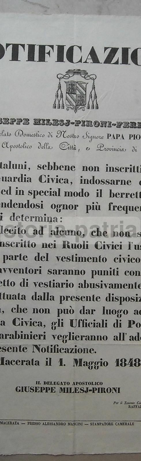 Notificazione Guardia Civica Macerata 1848 Pio IX Milesj Pironi