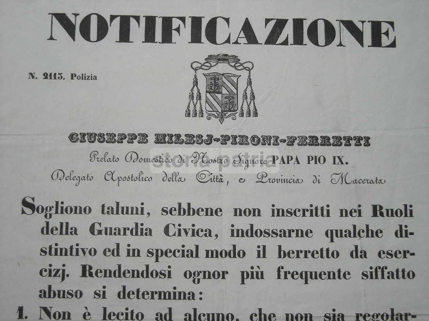 Notificazione Guardia Civica Macerata 1848 Pio IX Milesj Pironi