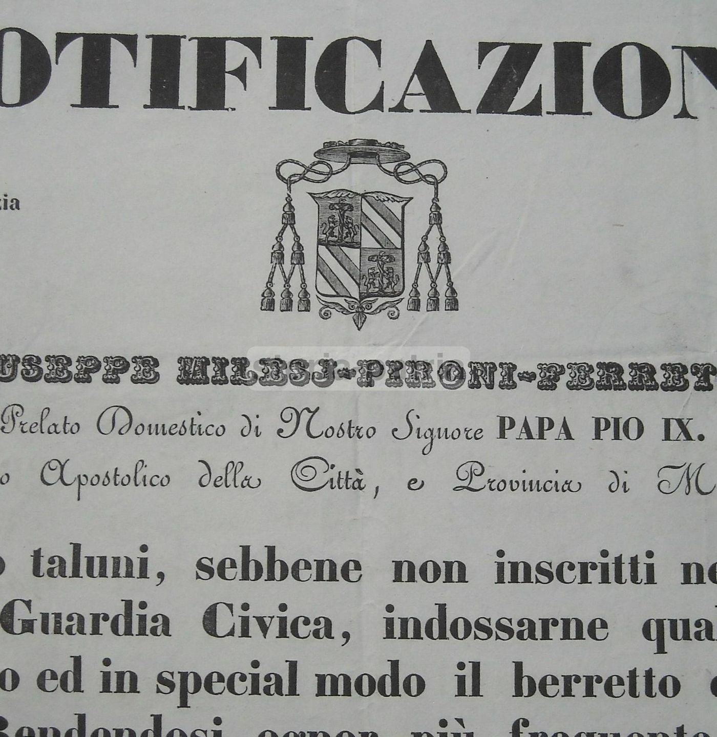 Notificazione Guardia Civica Macerata 1848 Pio IX Milesj Pironi