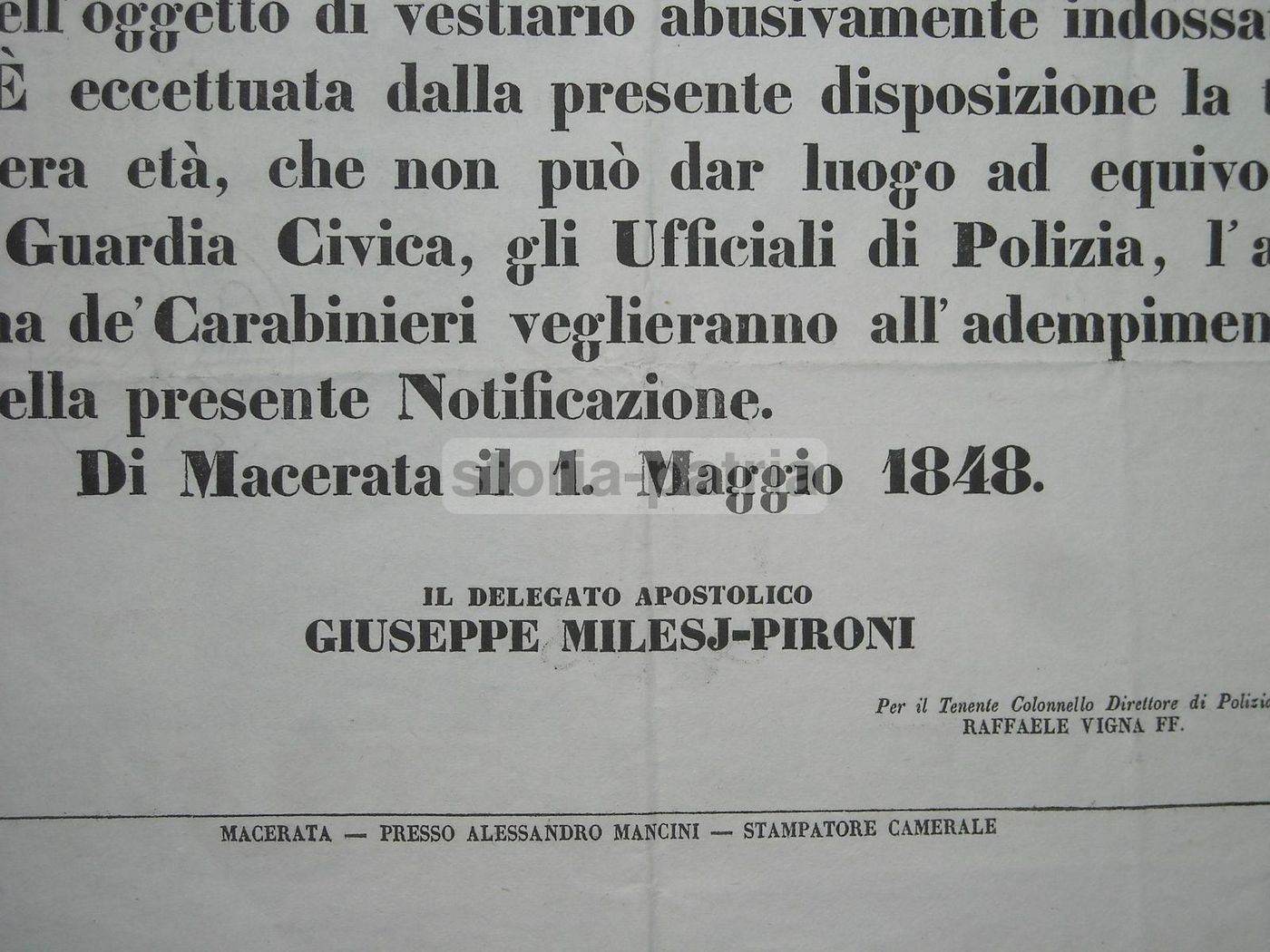 Notificazione Guardia Civica Macerata 1848 Pio IX Milesj Pironi