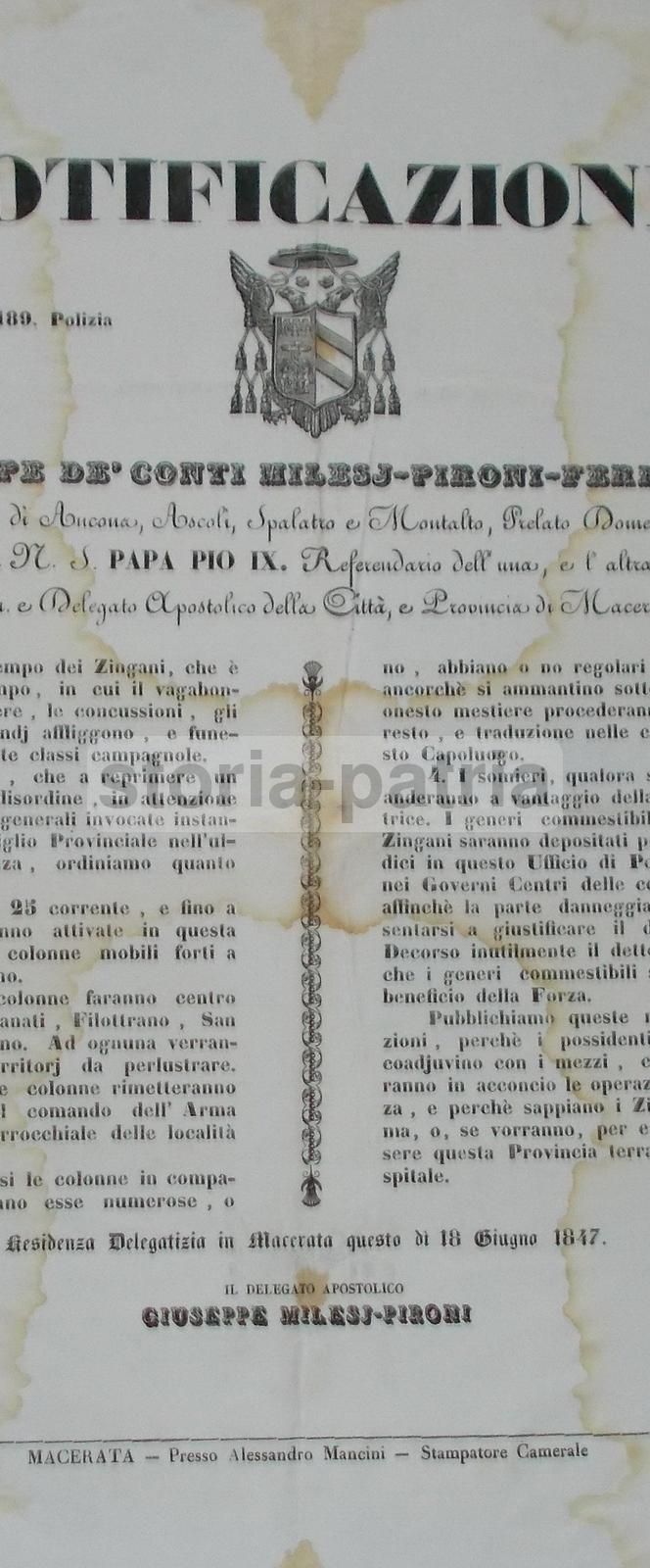 Manifesto Vagabondaggio E Zingari Macerata 1847 Milesj Pironi