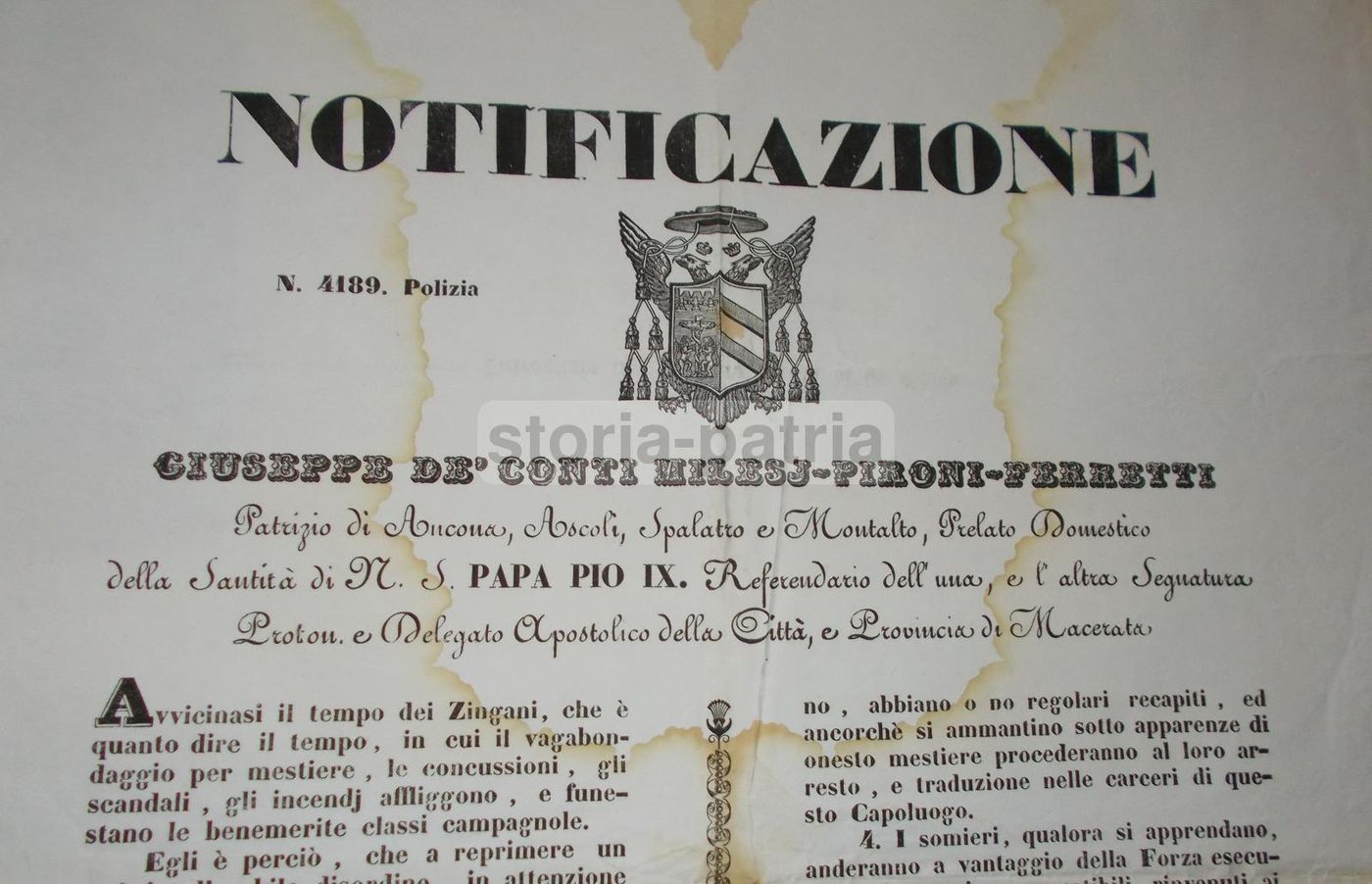 Manifesto Vagabondaggio E Zingari Macerata 1847 Milesj Pironi