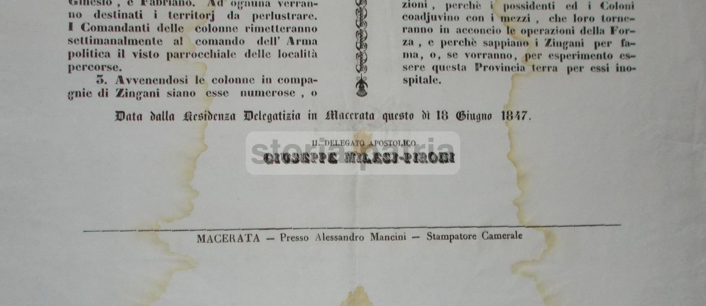 Manifesto Vagabondaggio E Zingari Macerata 1847 Milesj Pironi